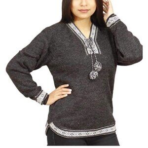 Alpaca Wool Sweater Women Ethnic Design V-neck Peru S Gray